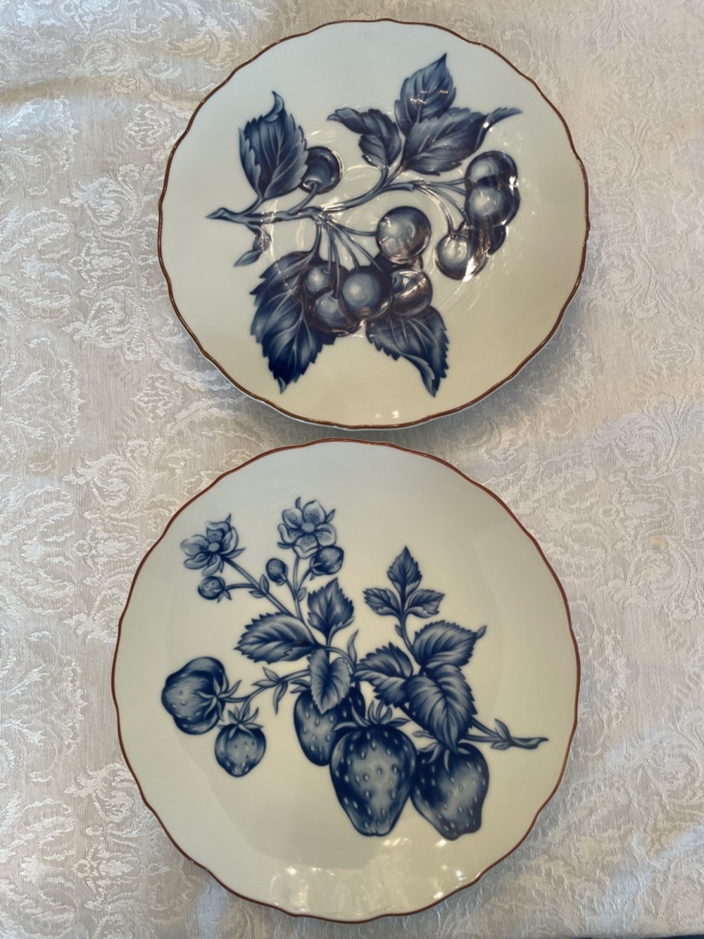 Fritz and Floyd blue fruit 7.5 inch  porcelain plates set of two